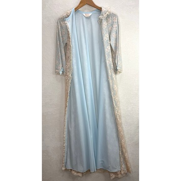 Vintage 1950's-60s Miss Elaine Women's Dressing Gown Blue with Cream Lace - Picture 4 of 12